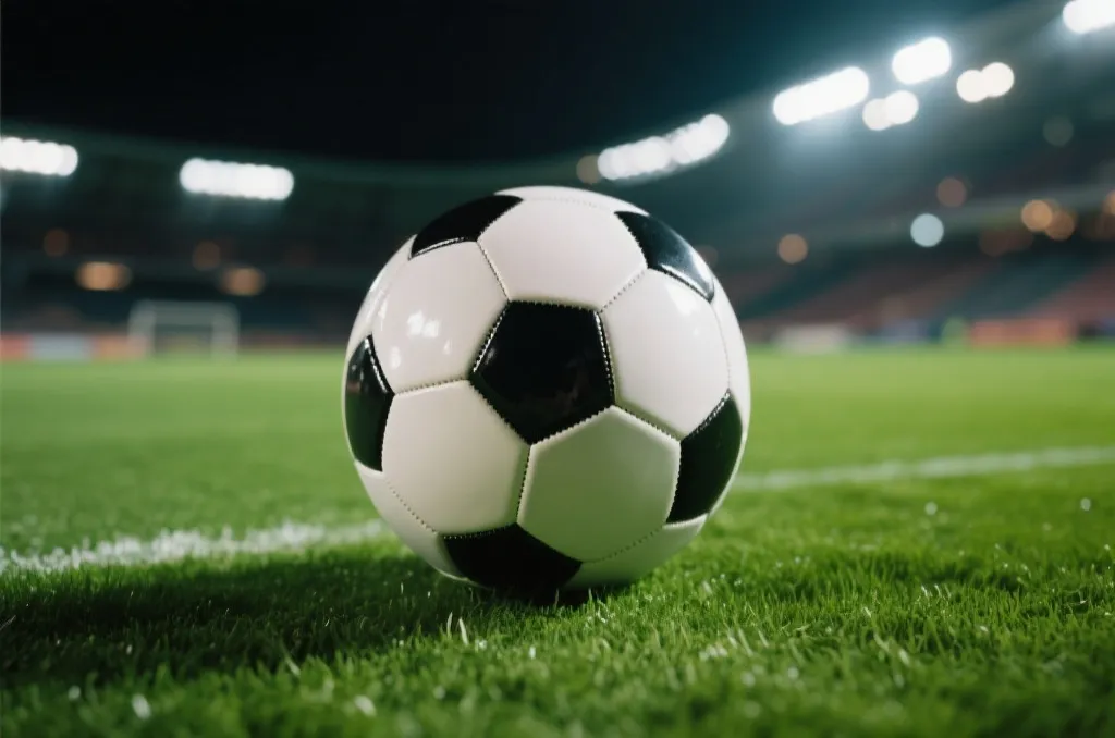 Close-up shot of a classic soccer ball resting on a vibrant green field under bright stadium lights, cinematic depth of field